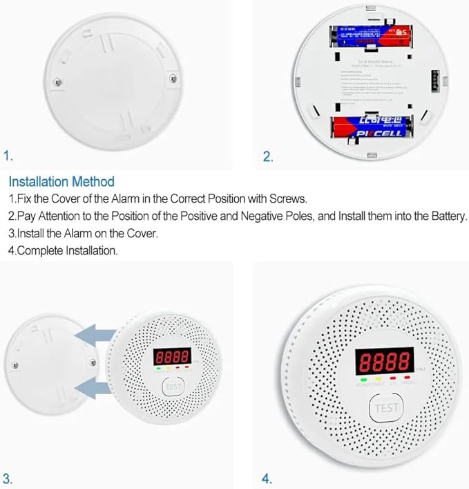 High Definition Color Screen Detector LCD Powered by Carbon Monoxide Detector and Smoke Alarm Battery (excluding Battery) (Compact Design, 4Pack-CO&Smoke)