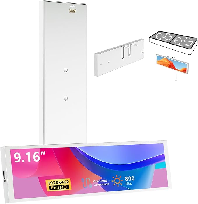 9.16" Computer Temp Monitor, FHD 1920x462 PC Sensor Panel One-Cable Connection(No HDMI Needed), Stretched Bar LCD Dynamic Theme Supported, IPS Mini Secondary Screen for CPU RAM HDD Data Aida64 (White)