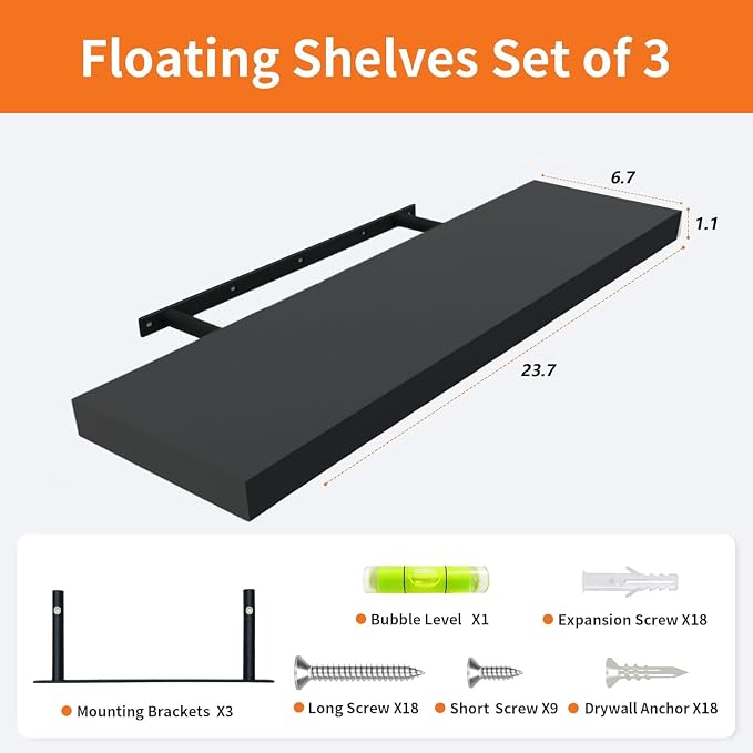 Floating Shelves for Wall Set of 3, Solid Metal Brackets, Large Storage - Image 3