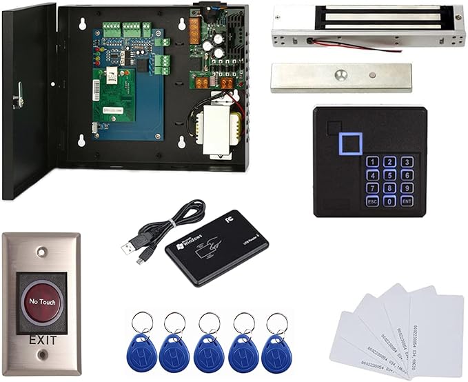 MENGQI-CONTROL 1 Door Access Control Board System 600lbs Electromagnetic Lock Infrared No Touch Exit Button RFID Keypad Reader 110~240V Power Supply Box USB Enroll Reader,Phone APP remotely Open Door