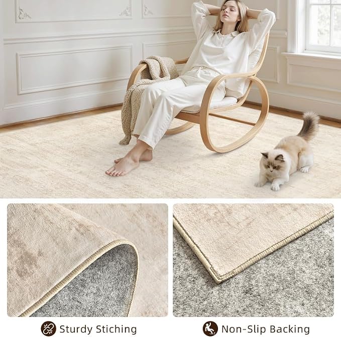 Round Area Rug Living Room: 6ft Washable Carpet Retro Beige | Vintage Boho - Image 7