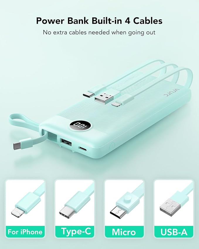 VRURC Portable Charger for iPhone, 22.5W Fast Charging Power Bank 10000mAh, USB C Battery Pack 4 Outputs 3 Inputs, Slim Phone Charger with Cables for iPhone 17 16 15 14 13,Samsung Galaxy-Green(1 Pack)