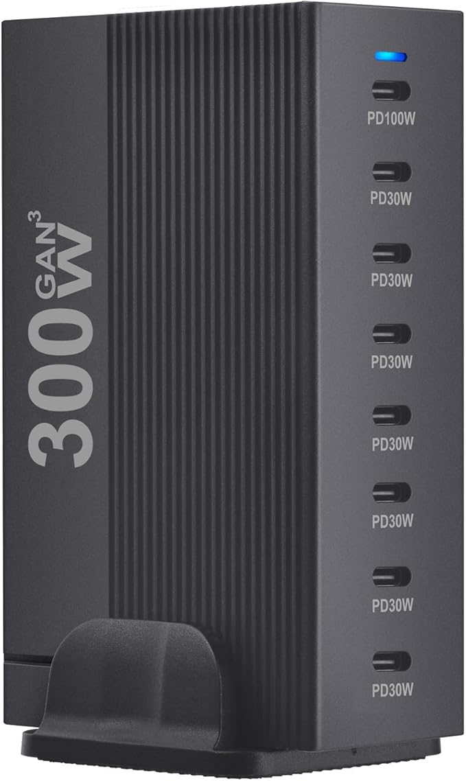 OHLOPL 300W 8-Port GaN PD3.1 Desktop Charging Station | Intelligent Power Allocation, Ideal for Office and Home, Safely Charges Laptops, Phones, Tablets, and Watches