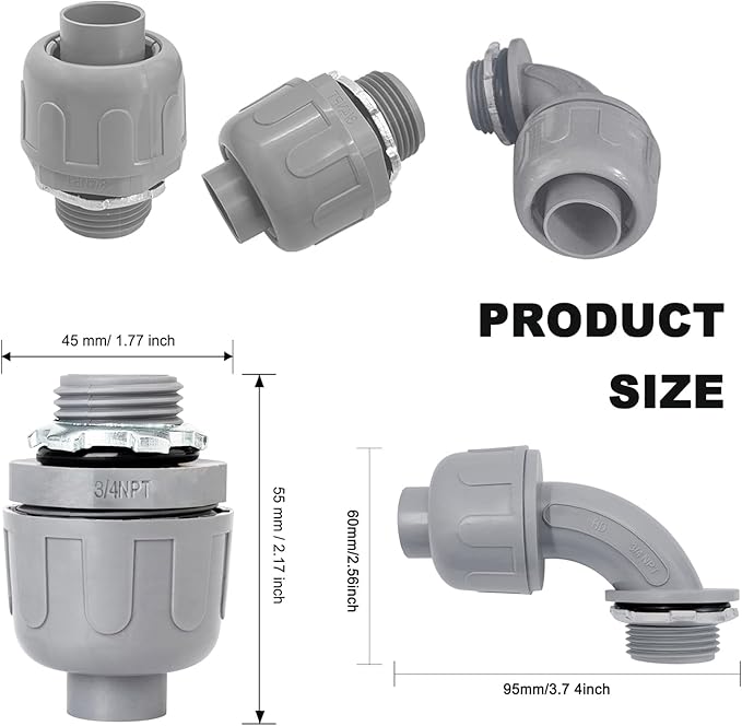 Wocloer 3/4 inch Liquid Tight Connector PVC Flexible Conduit Connector Kit,UL Listed,180 Degree and 90 Degree Connector Fittings 20 Pack(10 Pcs 180D/10 Pcs 90D)