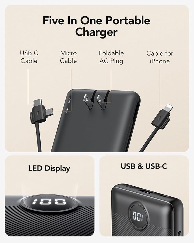 Portable Charger,Power Bank Built-in Cables and AC Wall Plug,VRURC USB C Portable Bank 10000mAh,Travel Essentials Phone Charger Compact Lightweight External Battery Pack for Smart Phones,Tablets-Black