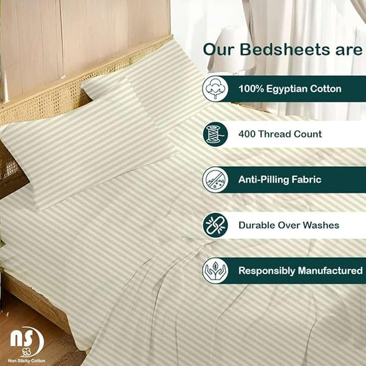 NON Sticky cotton Twin Size Sleeper Sofa Sheets, 4 Piece Egyptian Cotton Bed Sheet Set for Sofa Bed, 6" Deep Pocket Fitted Sheet for Pull Out Couch Mattress, 39" x 75", Ivory Stripe, Soft & Breathable