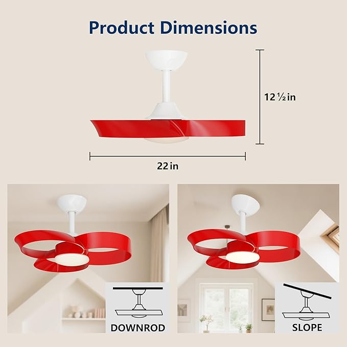 FANX 22 Inch Ceiling Fan with Light and Remote, Quiet DC Motor, Dimmable LED, Reversible 3-Speed Control, Easy Installation Flush Mount Fan for Small Rooms (Red)