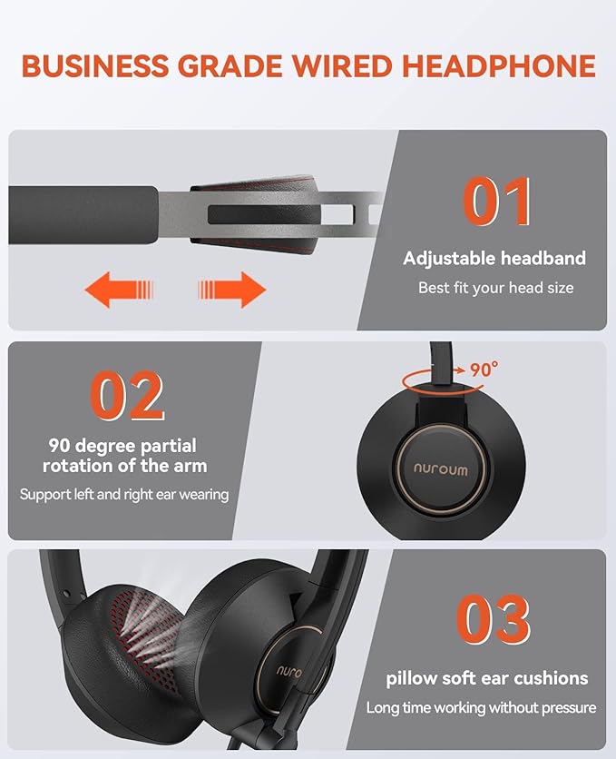 NUROUM HP11DU Wired Headset, Dual-Ear (Stereo) Headphones with Noise Canceling Microphone, On Ear Computer Headset with in-line Control, USB/Type-C, PC Headset for Home Office Online Class Skype Zoom