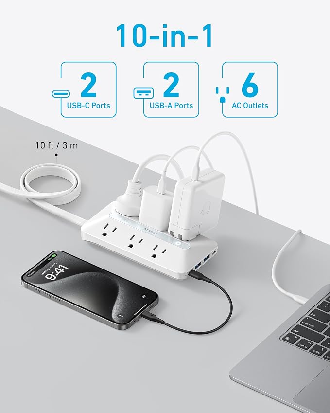 Anker Power Strip with 300J Surge Protector, 10ft Outlet Extender, 6AC | Flat - Image 3