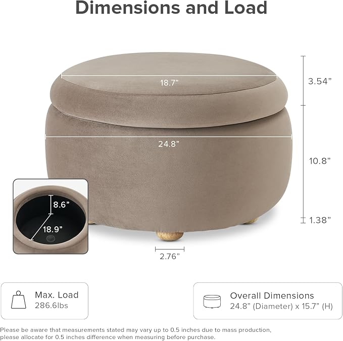 mopio Luna Round Ottoman with Storage and Tray, Round Coffee Table with Storage - Image 2