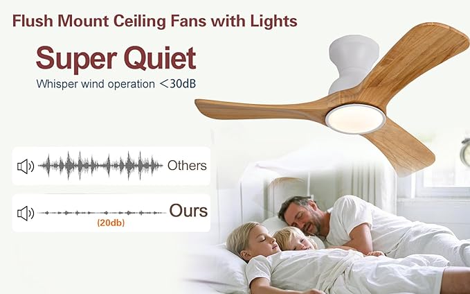 Gaizw 42 Inch Low Profile Ceiling Fans with Lights and Remote, Flush Mount Ceiling Fan with Light, 3 Blades Solid Wood Easy Installation for Living Room, Bedroom, Farmhouse, Indoor