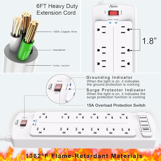 Power Strip,ALESTOR Surge Protector with 12 Outlets and 4 USB Ports, 6 Feet Extension Cord (1875W/15A) for for Home, Office, Dorm Essentials, 2700 Joules, ETL Listed (White)