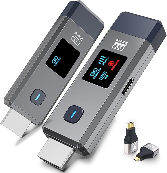 Wireless HDMI Transmitter and Receiver 328ft/100m for 4K Decode Input 1080P Output Plug&Play Portable 2.4G/5.8G for Video and Audio to Monitor from PC/Projector/TV Box, with Display Screen