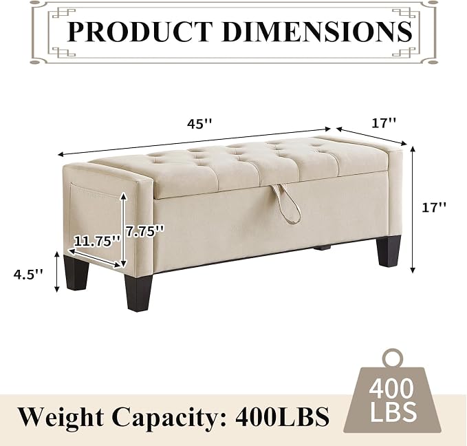 Modern Storage Ottoman Bench, Linen Upholstered End of Bed Bench - Image 2