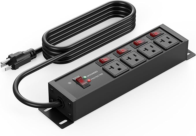 CCCEI Heavy Duty Surge Protector Power Strip 20 Amp Individual Switches. 20FT 12 Gauge Extension Cord with Multiple Outlets. Kitchen, Garage, Shop, Industrial Wall Mount Electric Extender, Black.