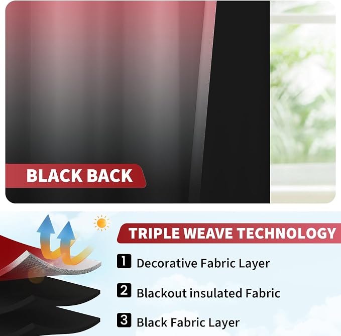 COSVIYA 100% Blackout Red and Black Adjustable Tie Up Curtains - Image 3