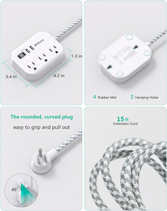 Mifaso Power Strip with USB Ports, 15Ft Flat Extension Cord | with Multiple - Image 5