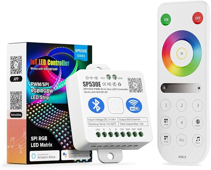 BTF-LIGHTING SP530E WiFi Alexa Bluetooth Controllers 4 Zones 2.4GHz RF RB3 Remote Kit Support FCOB COB SMD PWM or SPI RGB RGBW LED Strip WS2811 WS2812B WS2814 WS2815 SK6812 IC etc DC5V DC12V DC24V