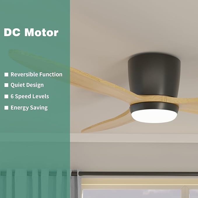 OUATER Flush Mount Ceiling Fan with Light, 52 inch Low Profile Ceiling Fans with Remote for Outdoor/Patios, 3 Color Light, 6 Speed, DC Motor, Wood and Modern Matte Black, DOE Certified