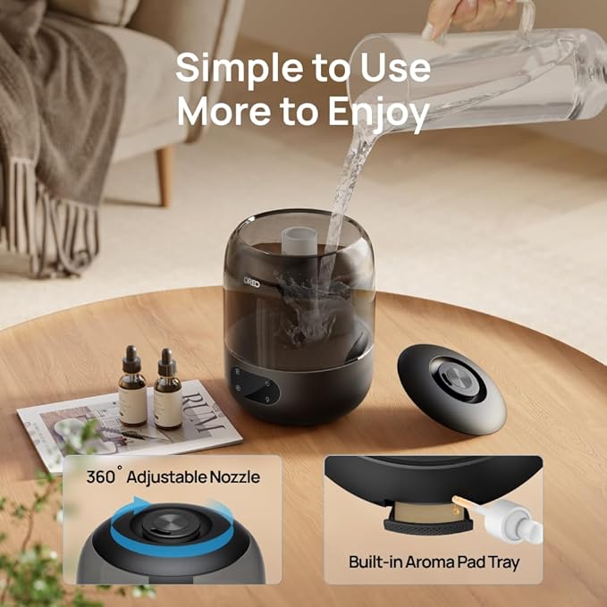 Dreo Humidifiers for Bedroom, 3L Top Fill 30H & 26dB Quiet Runtime for Large Room, Cool Mist Ultrasonic Humidifier with Humidity Sensor, Night Light for Home, Baby, Nursery, Plants, 360° Nozzle, Black