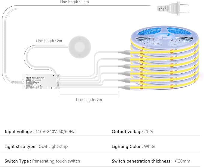 CHNMALITAI Under Cabinet LED Lighting kit, 6 PCS 6500K White LED Strip Lights Penetrable Wood Touch Dimmable COB LED Strip with 60W Adapter for Kitchen Cabinet,Counter,Shelf,TV Back,Showcase