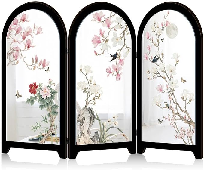 Mini Folding Screen, 3 Panel Divider, Chinese Style Vintage Desktop Mirror by KABAKE