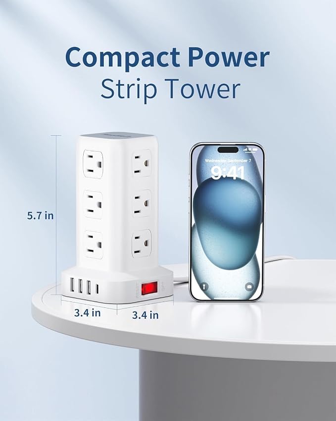 Extension Cord with Multiple Outlets, SMALLRT Flat Plug Power Strip Tower - Image 2