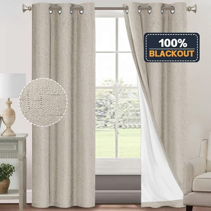 PrinceDeco 100% Blackout Curtains 84 Inches Length 2 Panels Set Blackout Linen Curtains with Thermal Insulated White Liner Anti-Rust Grommet Drapes Privacy Protection,W42 X L84,Cobblestone