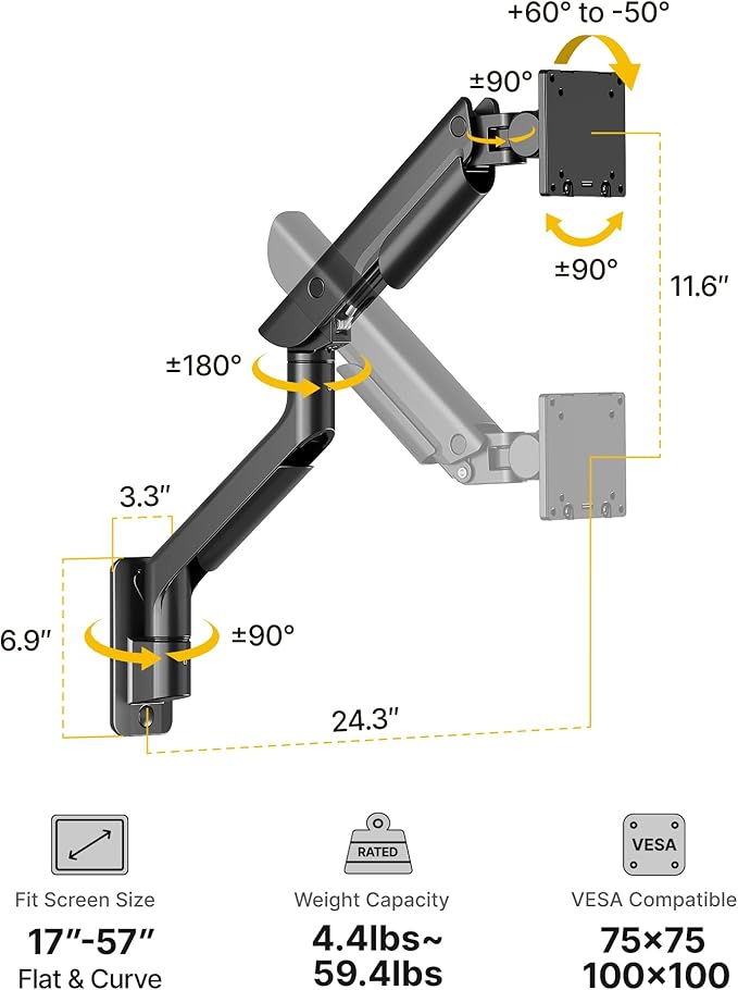 monTEK Heavy-Duty Single Monitor Wall Mount for 17-57” Ultrawide Screens up to 59.4lbs, Premium Aluminum Wall Mount Monitor Arm with Full Motion Adjustment, Pneumatic Lift, Max VESA 100x100