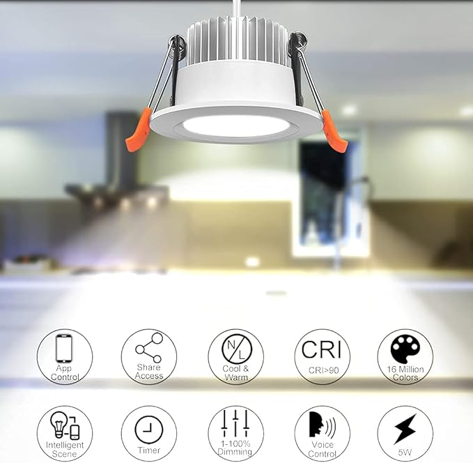 LightingWill 2 Inch Recessed Lighting, Smart WiFi LED Downlight, 5W LED Ceiling Light Compatible with Alexa/Google Assistant, Dimmable RGB & 2700K-6500K, 120V with LED Driver (4 Pack)