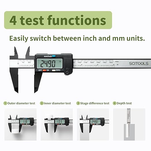 SCITOOLS Digital Caliper 0-6" Measuring Tool, Micrometer Caliper with Auto-Off Feature, Interchangeable Between inches and millimeters for Jewelry Measurement and 3D Printing