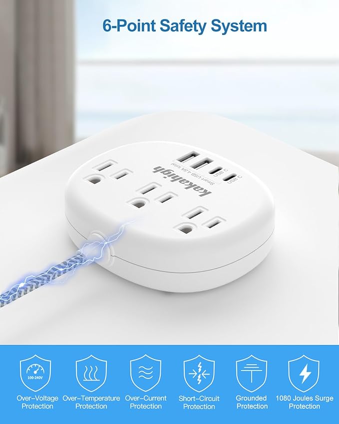 Small Extension Cord - Braided Extension Cord 10 Feet, 13 Amp (1625W) Power Strip with 3 AC Outlet 4 USB (24W/4.8A), College Dorm Room Essentials, White