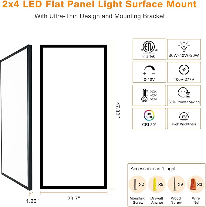 Mcacggo 4-Pack Black 2x4 FT LED Flat Panel Light Surface Mount 0-10V Dimmable, 100-277V, 5000K-4000K-3000K & 30W-40W-50W Switchable, with Direct Ceiling Mount Bracket, ETL Listed