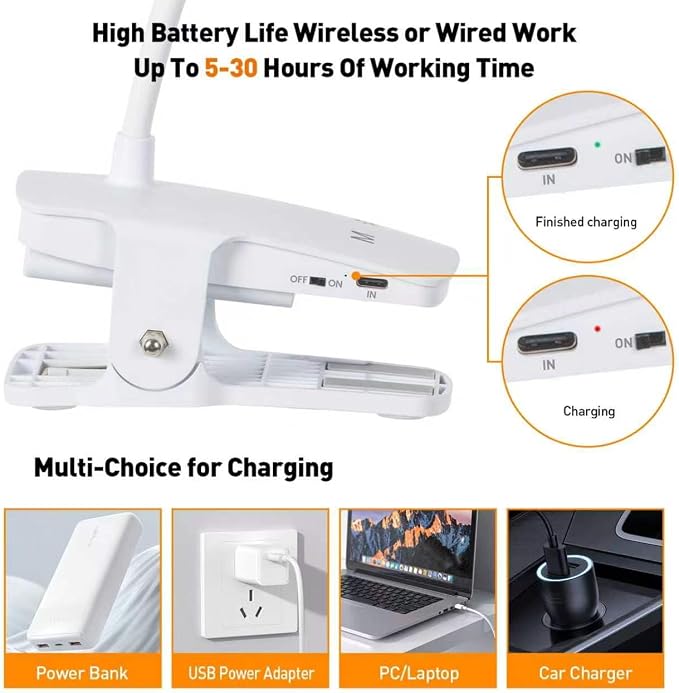 Cordless Rechargeable Clip On Desk Lamp Thick Flexible 360° Gooseneck | 450 - Image 6