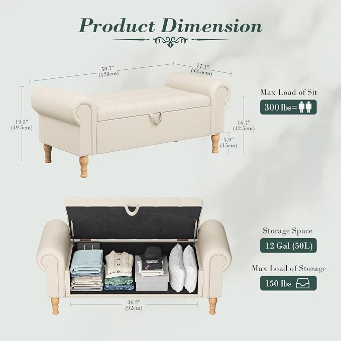 Apicizon 51” Bench with Storage, Faux Leather Ottoman Bench with Rolled Arm & - Image 2