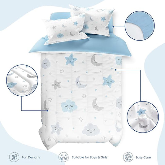 Star and Moon Comforter Set Full Size 98x86in for Kids Boys Girls Unisex, Microfiber Bedding Set 4 Pcs Includes 1 Comforter, 2 Pillowcases, 1 Fitted Sheet, Nursery Room Decor Christmas Birthday