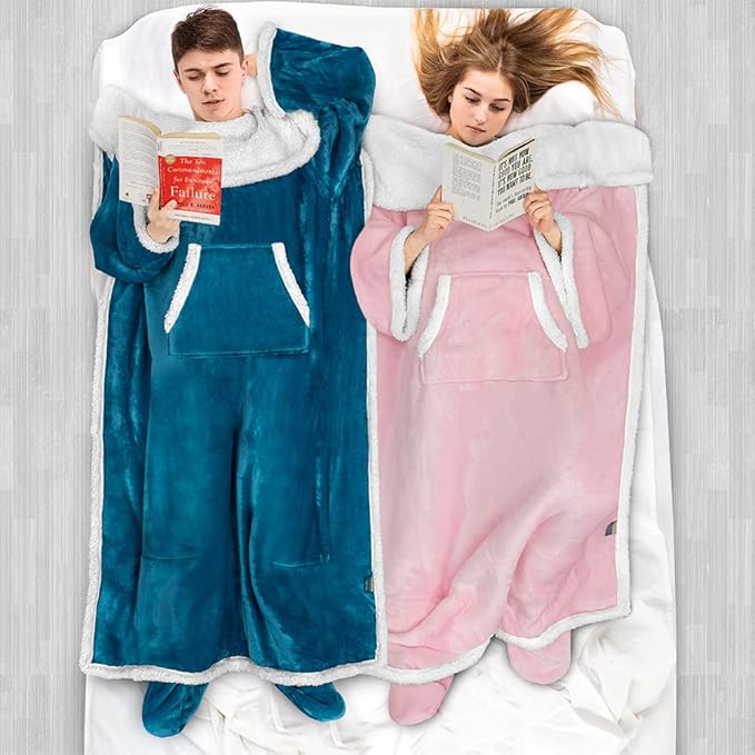 PAVILIA Sherpa Blanket with Sleeves, Foot Pocket for Women Men Adults, Thick Wearable Blanket Throw Wrap, Fleece Warm Snuggle Blanket Robe, Cozy Gift Ideas Wife Mom, Teal Blue