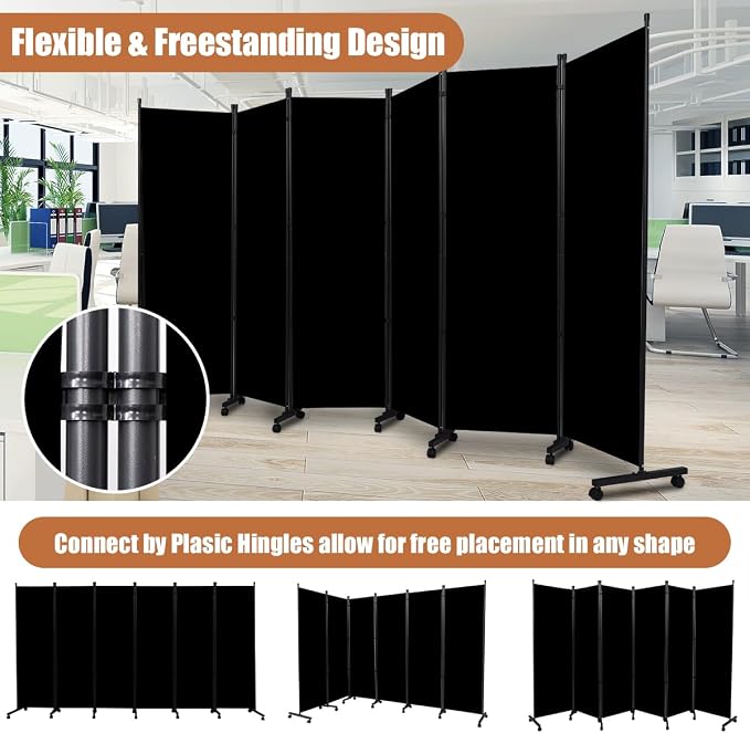 Room Divider 6FT Tall Folding Privacy Screens, 6 Panel Wall Divider w/Wheel | - Image 6