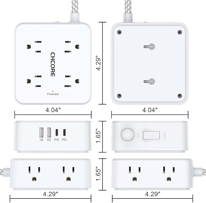 5Ft Flat Plug Braided Extension Cord - CHCORE Surge Protector Power Strip with 8 Outlets and 2 USB-C (PD 30W) Fast Charging Ports and 2 USB-A Ports for Home, Office, Dorm Room Essentials, ETL, White