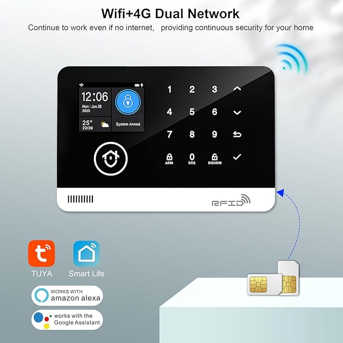 Home Security System, 4G/WiFi GSM SMS Wireless Home Alarm System with Motion Detector, 120dB Alarm Siren, Smart Remote Control, LCD Display, Compatible with Alexa and Google(12 Pieces)