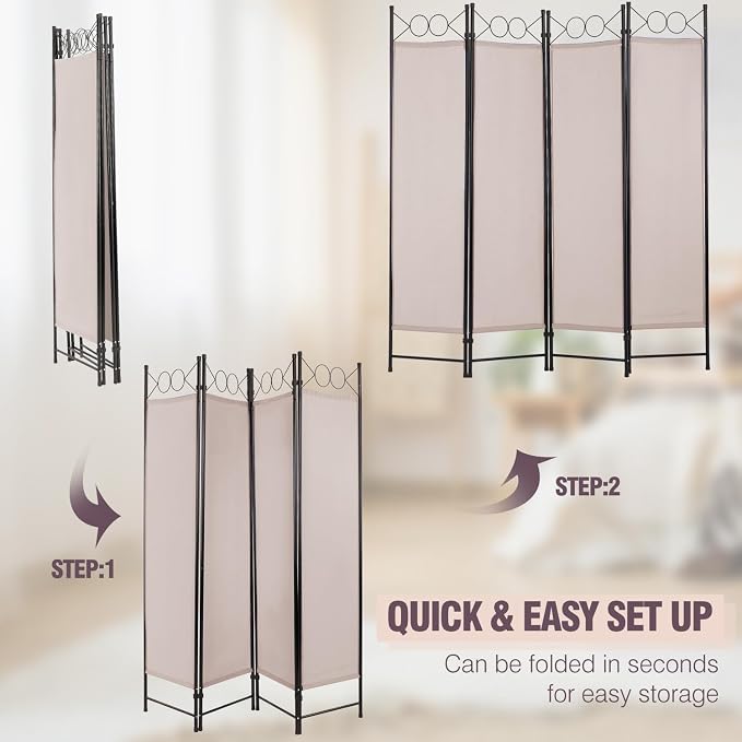 4 Panel Room Divider 6FT Steel Frame Screen Folding Privacy Divider - Image 4