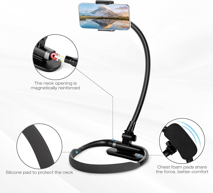 Cell Phone Stand, Neck Cell Phone Holder, Hand Free Flexible Gooseneck Phone Holder for Bed, Neck Phone Holder POV/Vlog Selfie Mount, Universal Multi-Functional Phone Stand for 4.7''-6.7'' Phone