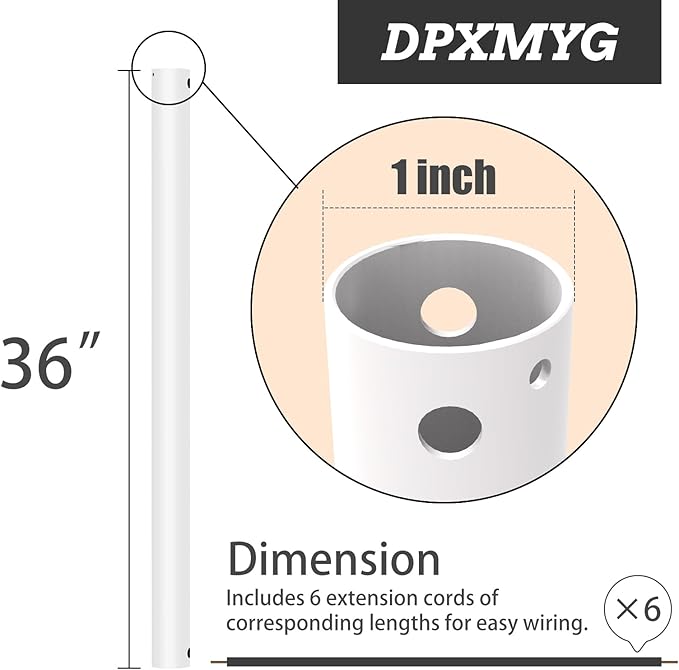 DPXMYG 36 inch Ceiling Fan Downrod with Extension Cord, 3 FT White Downrod for Ceiling Fan, 1 inch Outside Diameter, Ceiling Fan Boom Suitable for a Wide Range of Fans (White, Not Threaded)