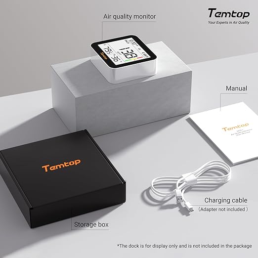 Temtop M10+ Indoor Air Quality Monitor, CO2 Monitor for Home, 6-in-1 PM2.5 & VOC Detector, E-Ink Display, 60-Day Battery, App-Connected Temperature & Humidity Sensor