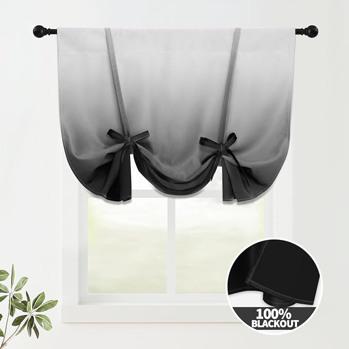 COSVIYA 100% Blackout Ombre Black Adjustable Tie Up Curtains - Image 2