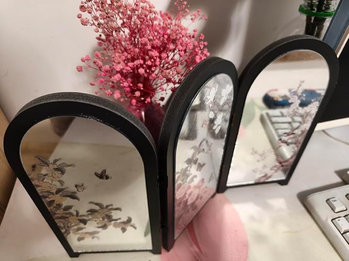 Mini Folding Screen, 3 Panel Divider, Chinese Style Vintage Desktop Mirror - Image 4