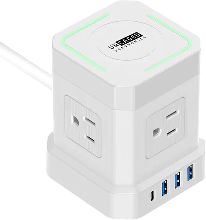 Uncaged Ergonomics Wireless Cube Charger & Power Strip with USB Ports, Surge Protection, 10ft Extension Cord with Wireless Charger, 4 AC Plugs & 3 USB Ports, 1 C Fast Charging with On/Off Switch