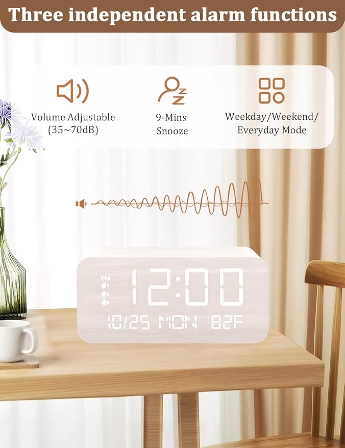 JALL Digital Alarm Clock, with Wooden Electronic LED Time Display, 3 Alarm Settings, Humidity & Temperature Detect, Wood Made Electric Clocks for Bedroom, Bedside, Desk (White-Wireless)