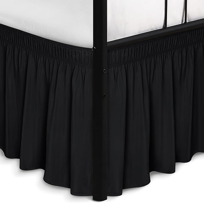 Biscaynebay Wrap Around Bed Skirts with Split Corners for Queen Beds 17" Drop, Black Elastic Dust Ruffles Adjustable Easy Fit Wrinkle & Fade Resistant Silky Luxurious Fabric Machine Washable