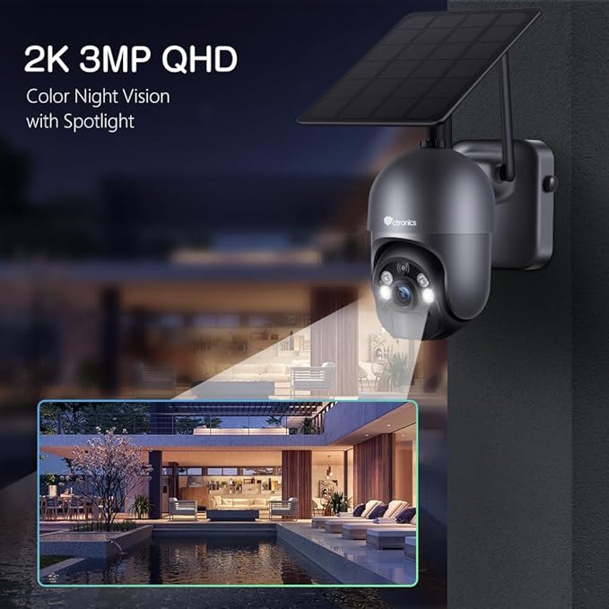 Ctronics 3MP Solar Security Camera Wireless Outdoor WiFi, PTZ Surveillacne Camera Battery-Powered for Home Security, 360° View, LED Light Color Night Vision, PIR Human Detection, 2-Way Audio (Grey)